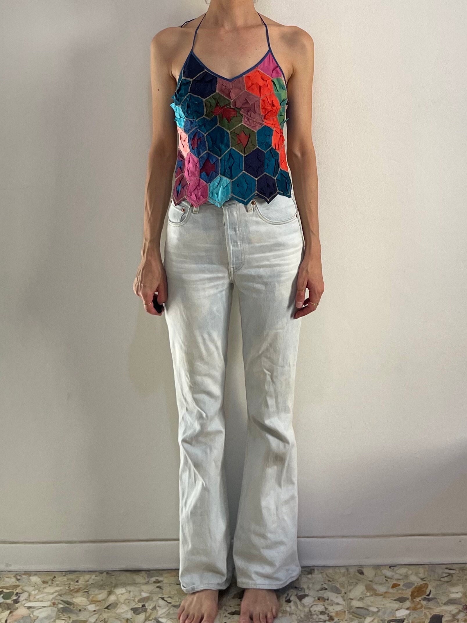 90s Kenzo Silk Origami Backless Club Kid Tie Back Patchwork