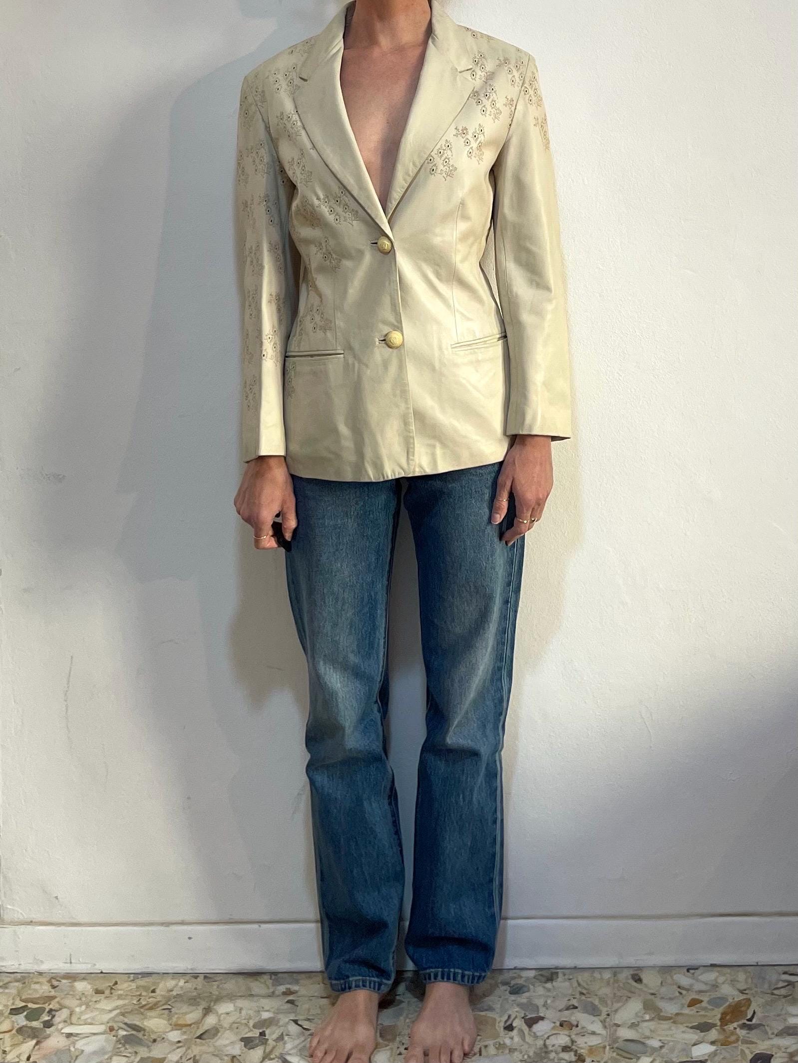 90s Gianni Versace Beige Leather Blazer With Laser Cut Floral