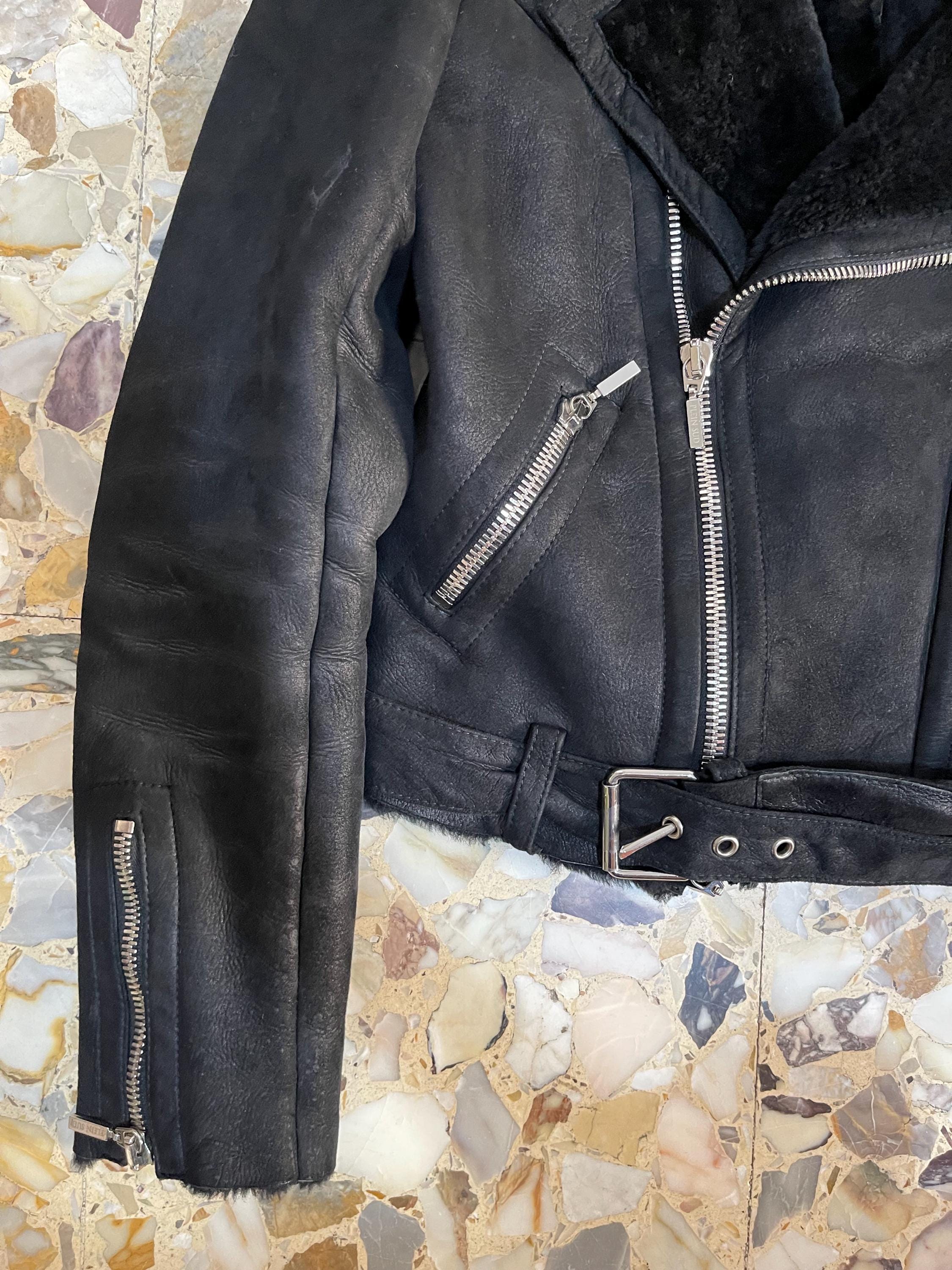 Y2K Plein Sud Black Leather Jacket Shearling Cropped Classic Biker