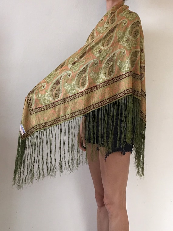 70's Indian Silk Fringe Maxi Boho Scarf Paisley Fl