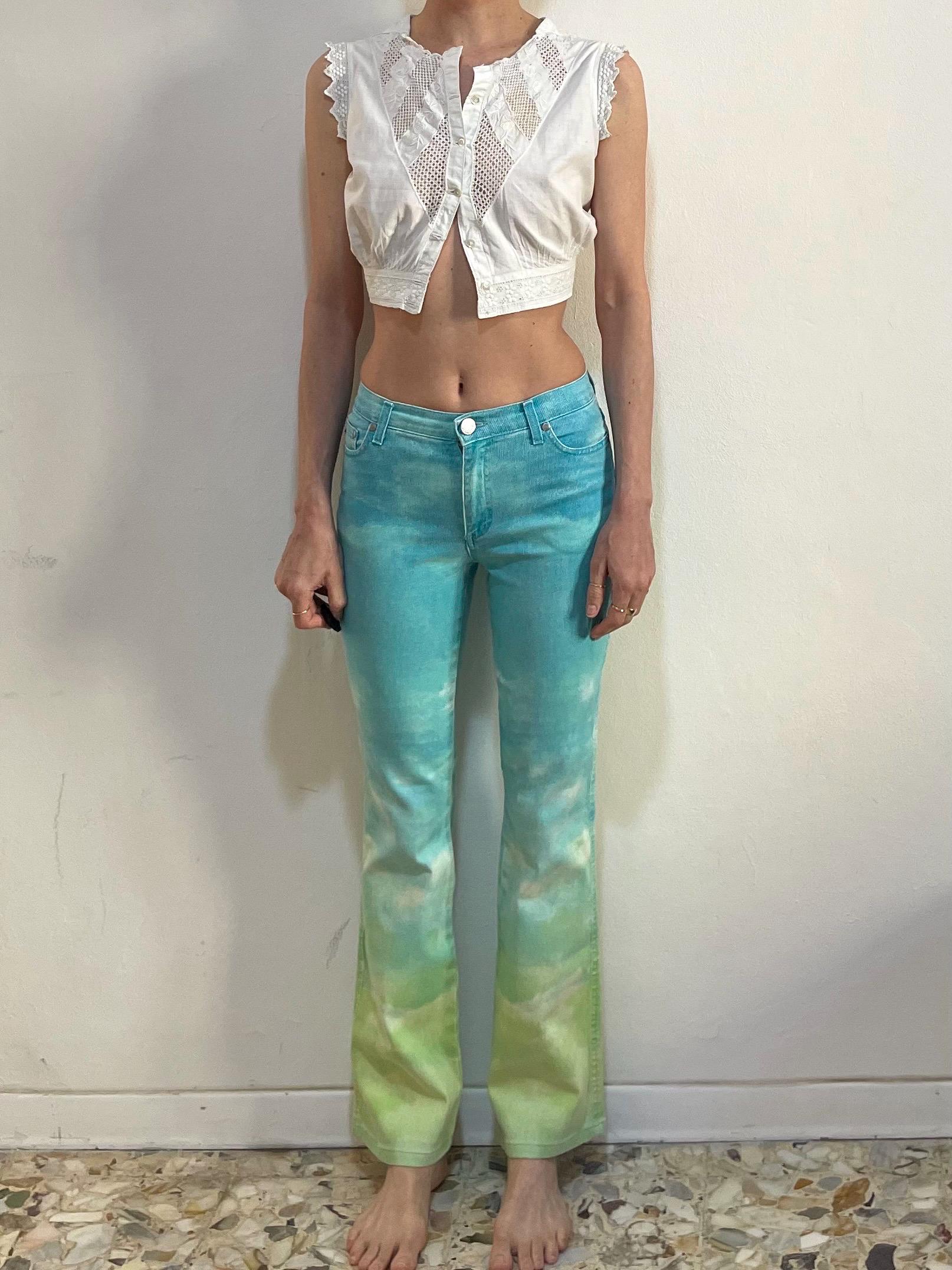 90s Cavalli Turquoise Green Yellow Ombre Tie Dye Stretch Flare Leg