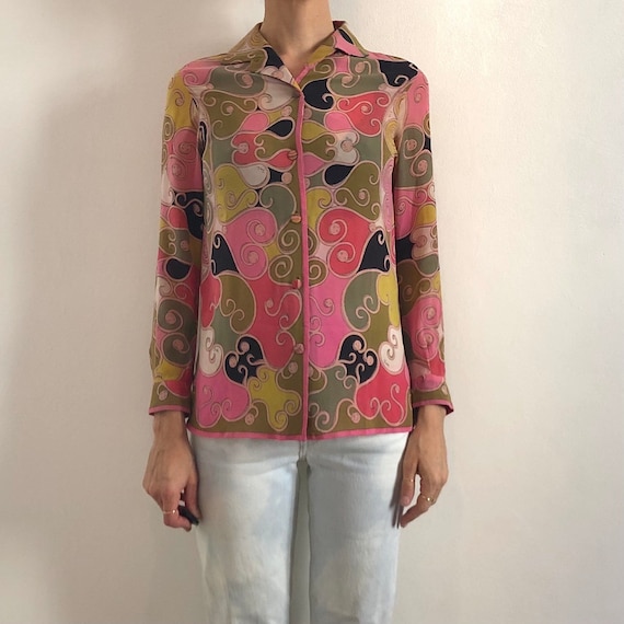 Emilio Pucci, 60s Emilio Pucci Silk Blouse Sheer Psychedelic Filagree Top