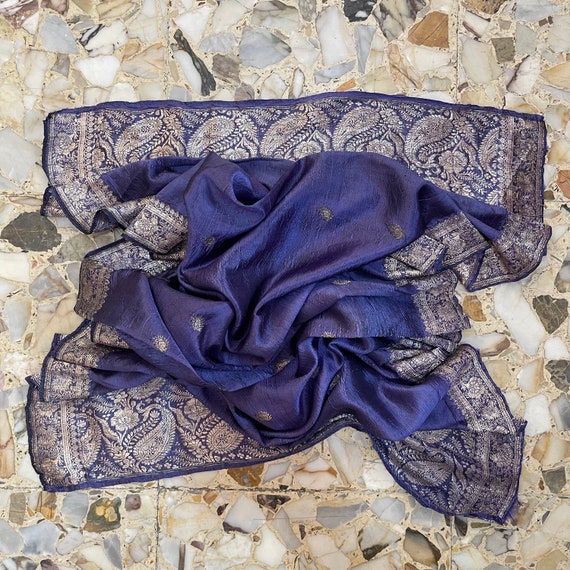 70s Indian Silk Periwinkle Blue Scarf With Silver… - image 8