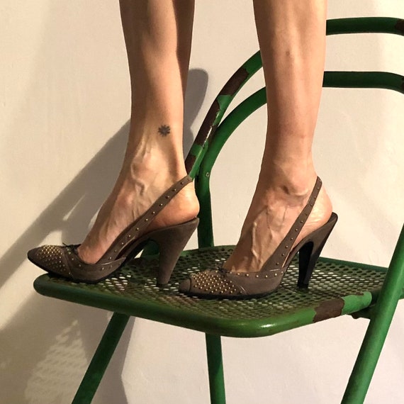 Y2K Miu Miu Grey Suede Slingbacks With Tiny Gold … - image 4