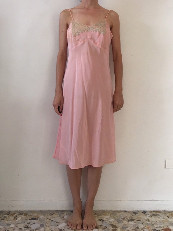 30s Bias Cut Pink Silk Lace Bodice Slip Nightgown