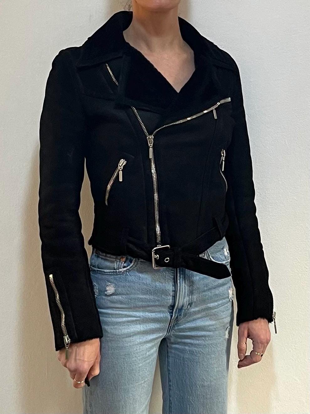 Y2K Plein Sud Black Leather Jacket Shearling Cropped Classic Biker
