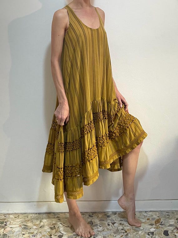 Romeo Gigli, 90s Romeo Gigli Ochre Yellow Pin Striped Boho Cotton Dress Full Ruffled Hem
