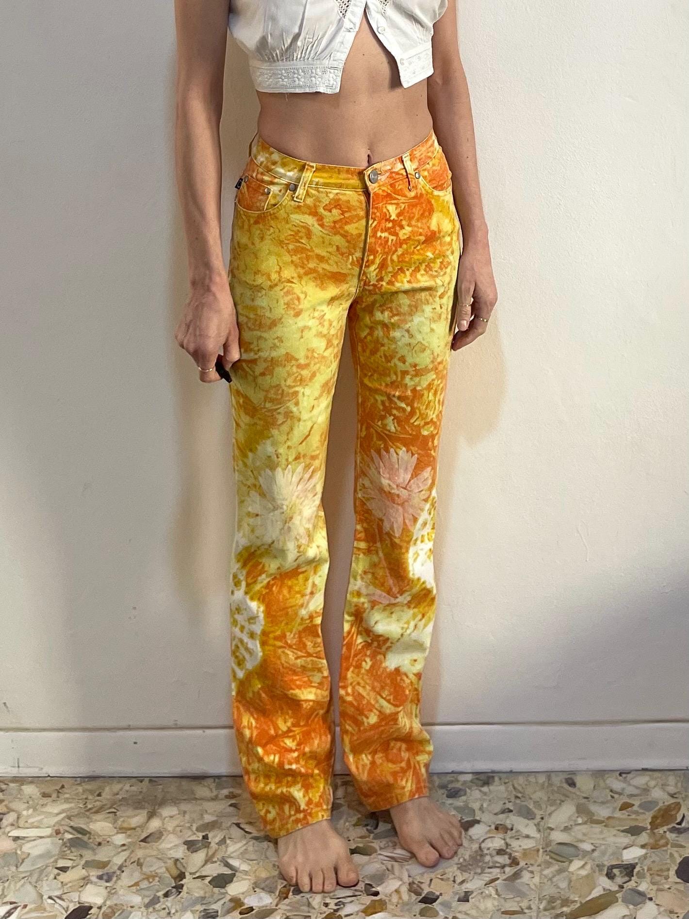 90s Roberto Cavalli Straight Leg Euro Trash Tie Dye Floral Trippy