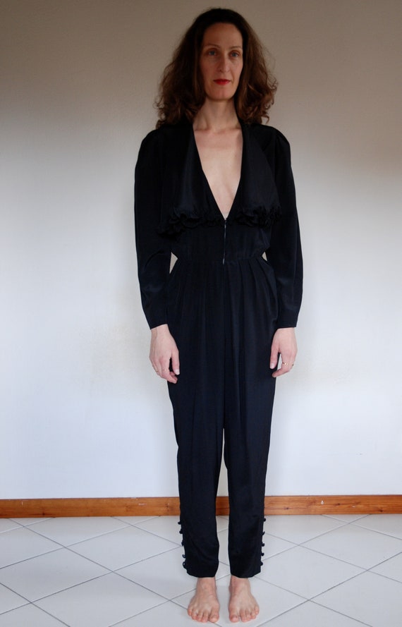 80's jumpsuit black silk tailor made plunging neck