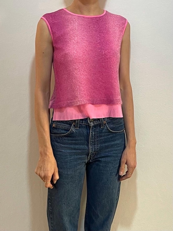 90s Versace Jeans Couture Pink Open Knit and Mesh Club Kid Cropped