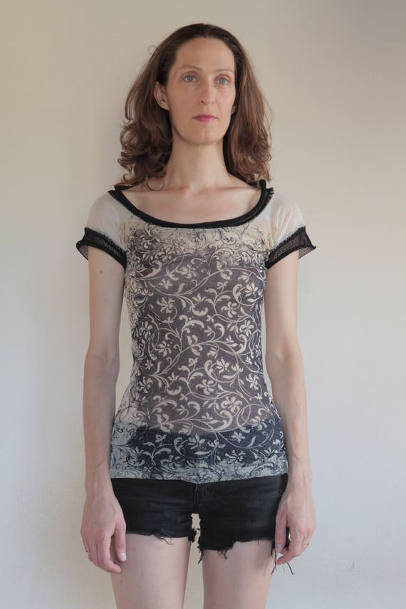 90's Jean Paul Gaultier mesh net floral club kid t