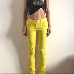 90s Thierry Mugler Only Acid Yellow Skinny Leg Club Kid Stretch Jeans