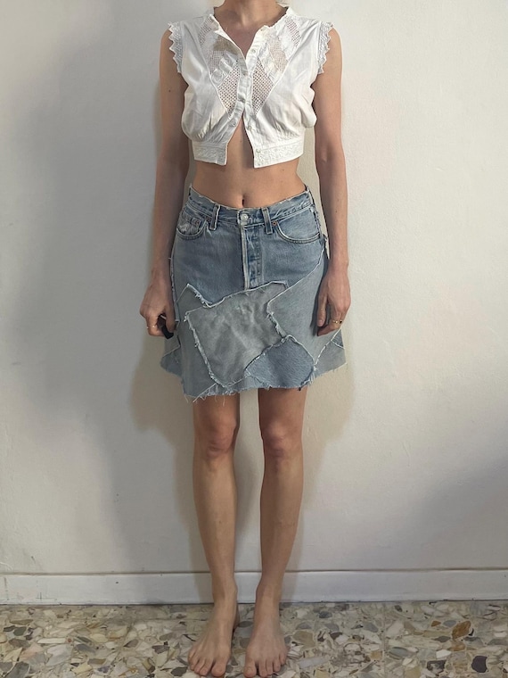 70s Levis Levi's Patchwork Skirt Reworked White Mini Skirt! R