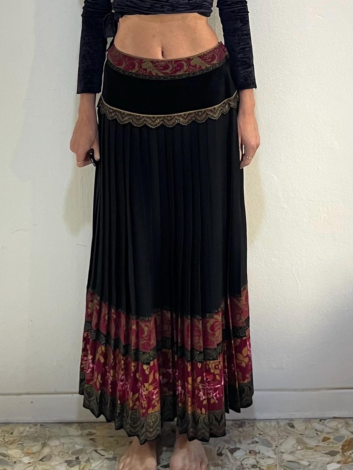 70s Roberto Cavalli Hand Painted Leather Maxi Skirt With Pleated
