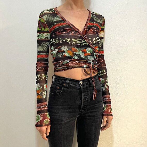 90s Jean Paul Gaultier Butterfly Print Sheer Mesh Wrap Crop Top - Etsy