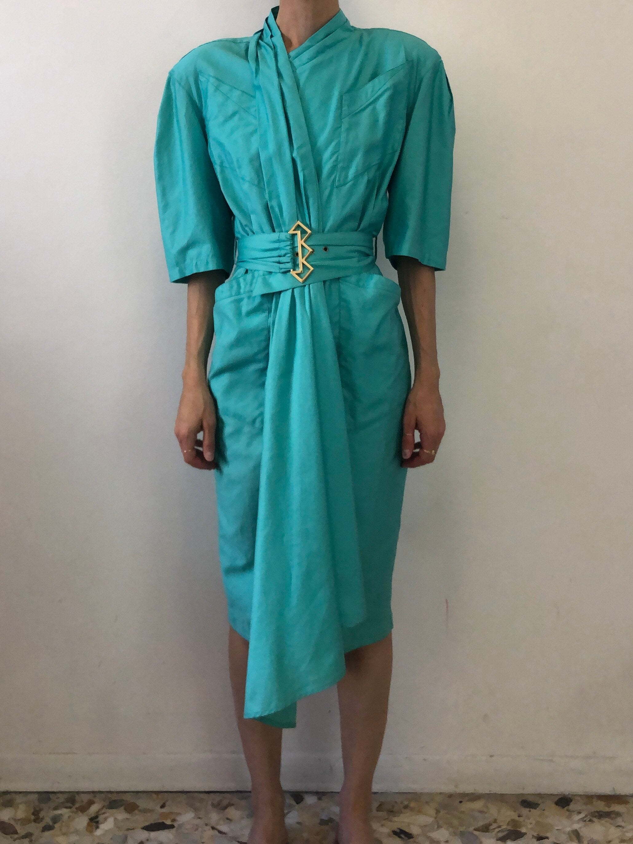 Vintage Thierry Mugler Dress: 80s Turquoise Cotton Wasp Waist, Cut
