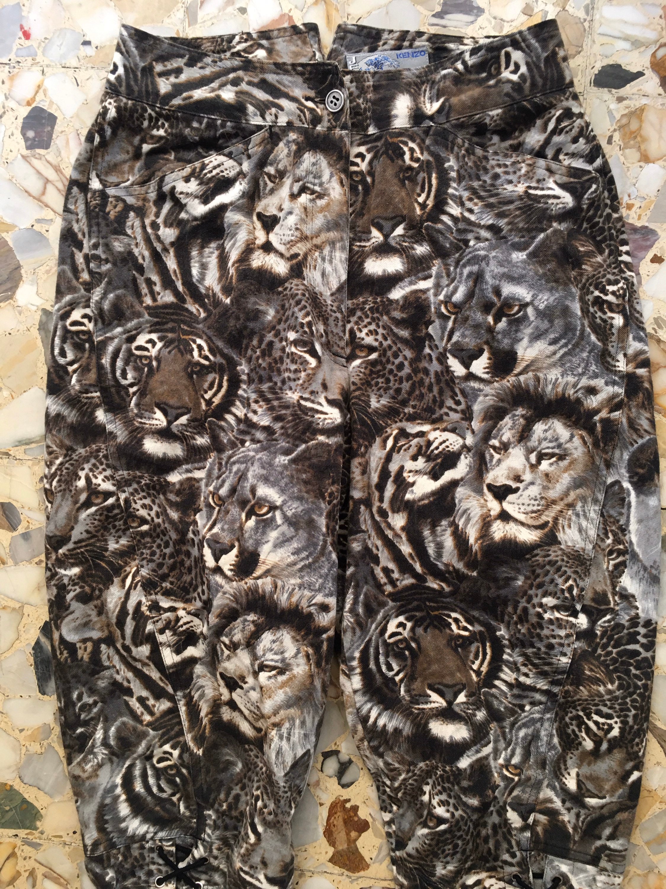 80s Kenzo Tiger Lion Print Tropical Lace-up Johdpur Jeans Short