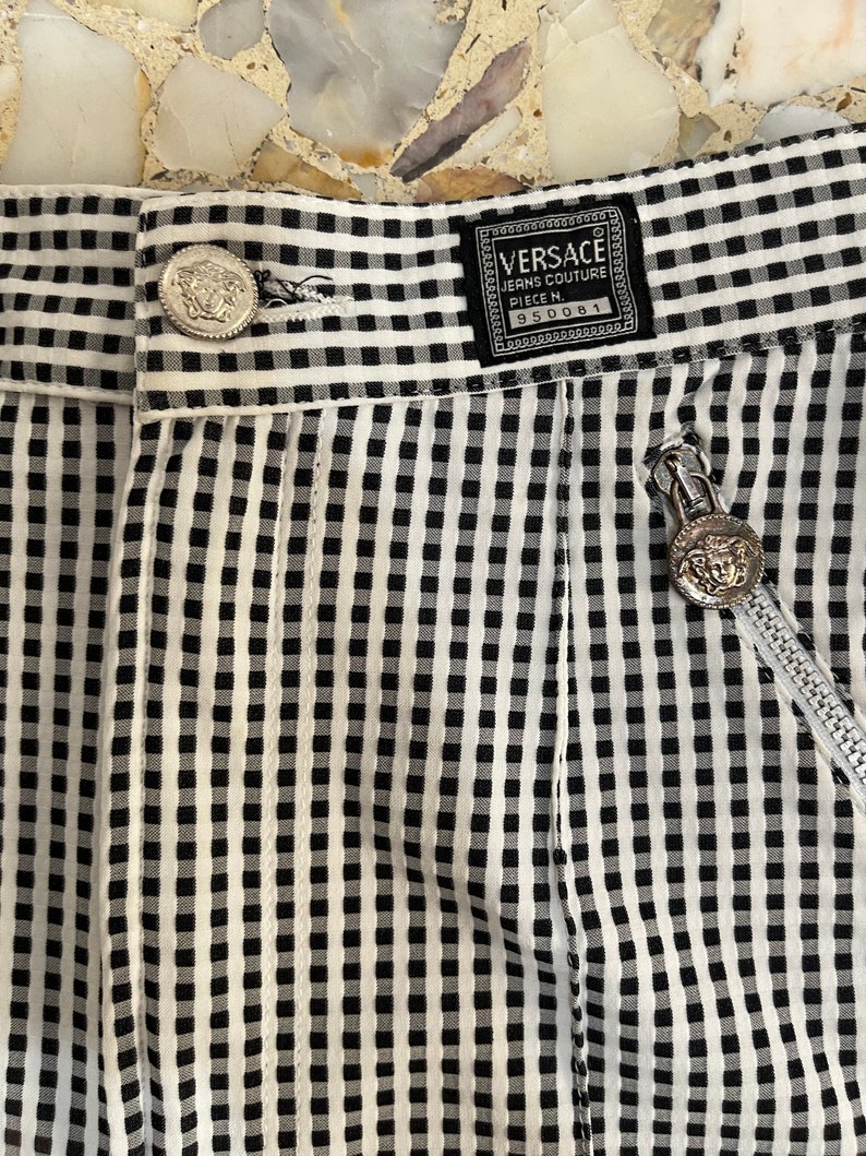 90s Versace Jeans Couture Black And White Plaid Stretch High Waisted Shorts image 6