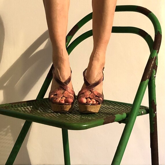 Y2K Miu Miu Cork Wedge Heel Pink Python Boho Sand… - image 3