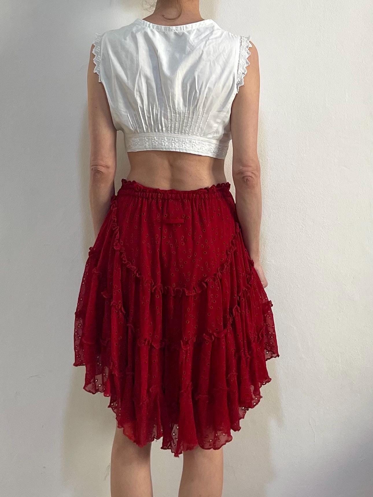 90s Jean Paul Gaultier Deep Red Embroidered Eyelet Mesh Tiered