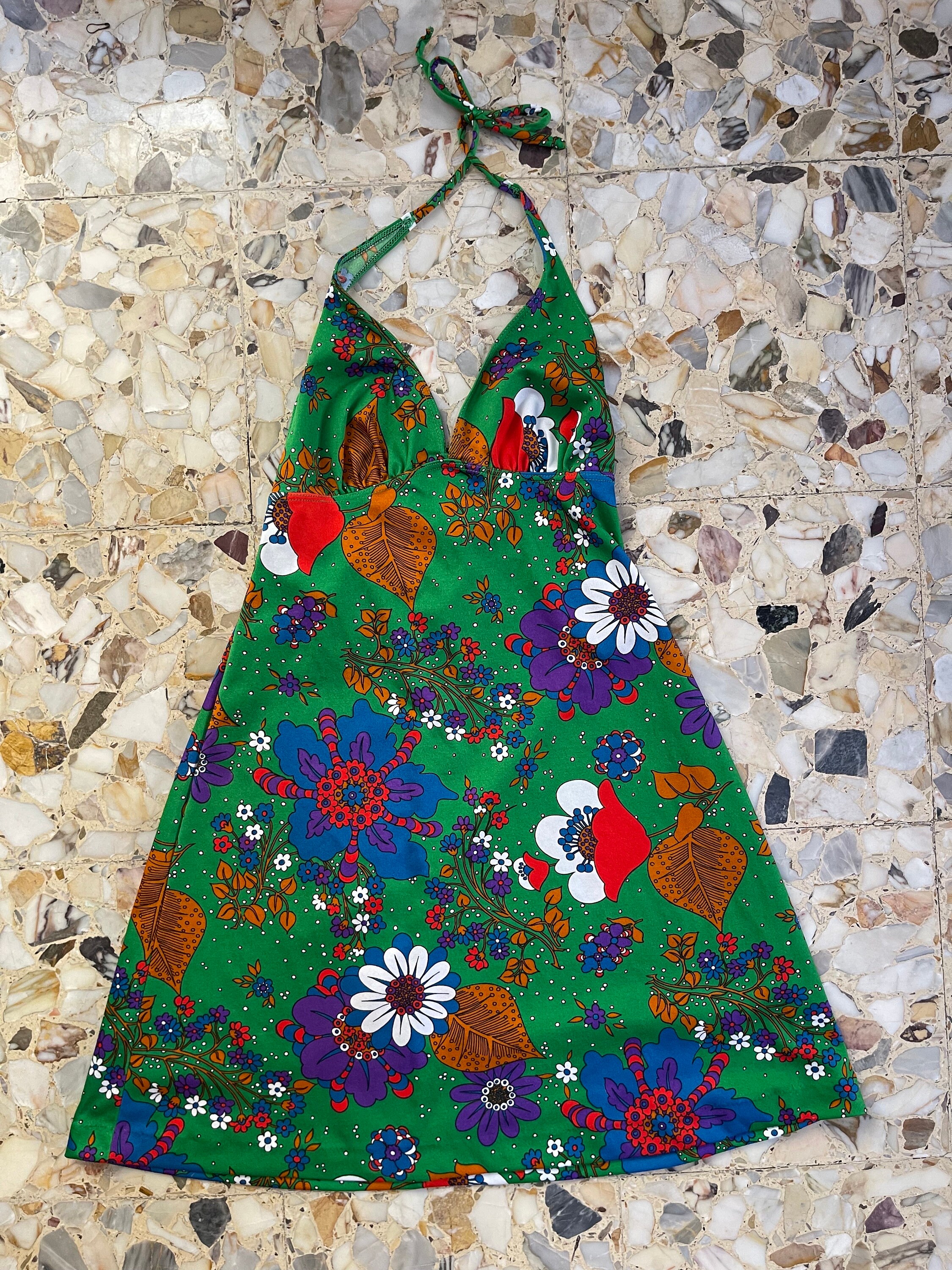 70s Floral Psychedelic Poly Halter Mini Dress Poly Jersey - Etsy