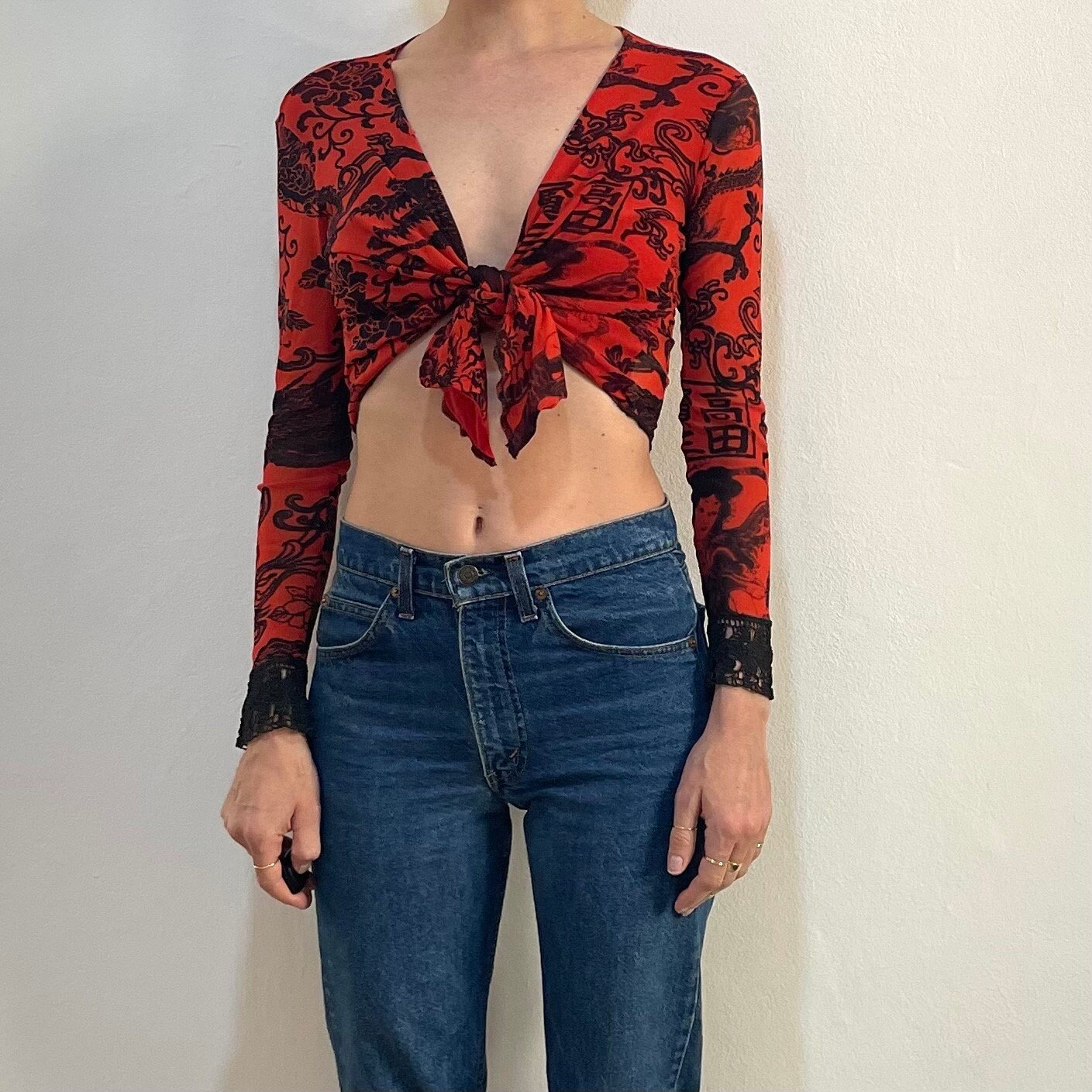 90s Kenzo Jeans Japanese Stretch Mesh Club Kid Cropped Wrap Shirt