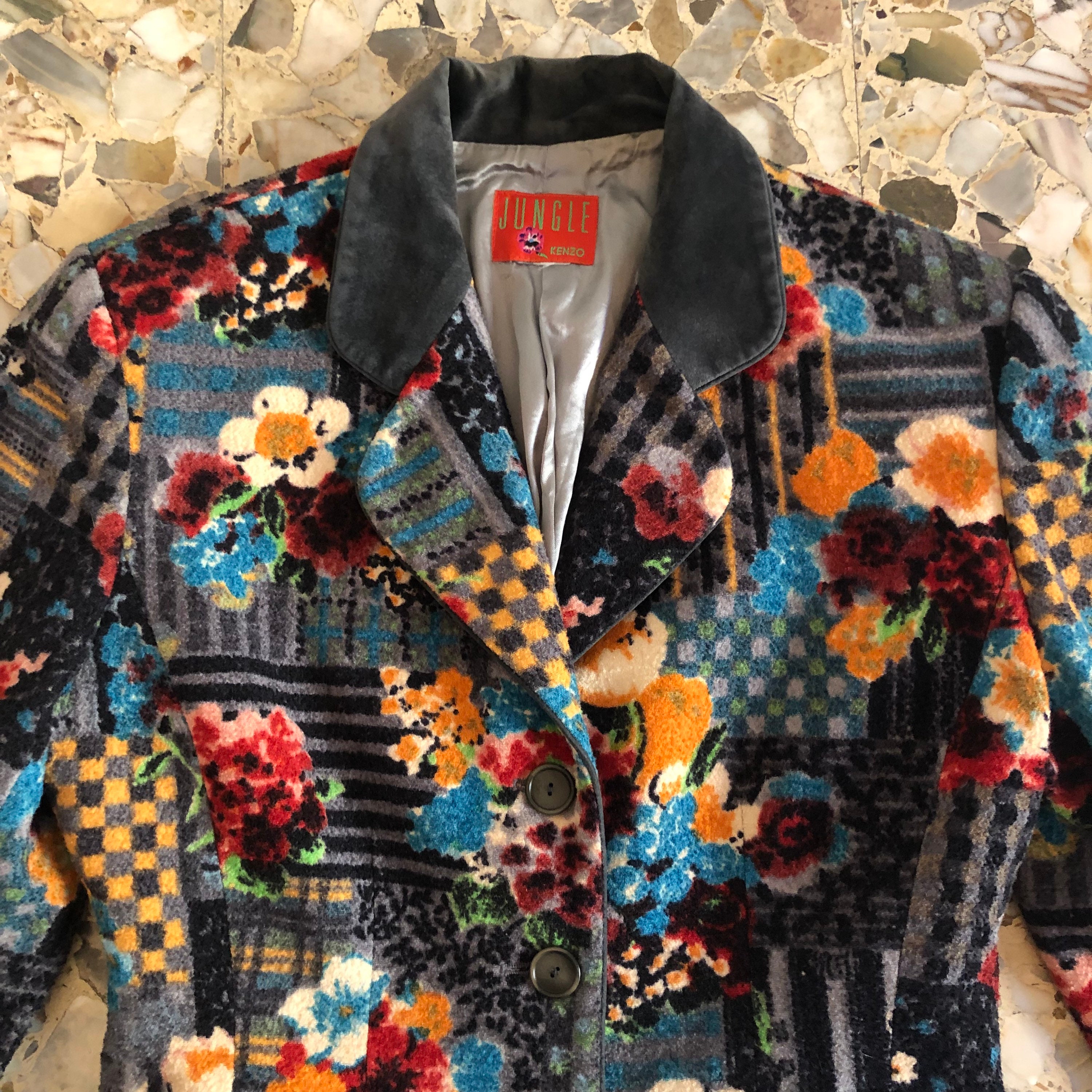 80s Kenzo Jeans Wool Floral Patchwork Boucle Velvet Blazer - Etsy