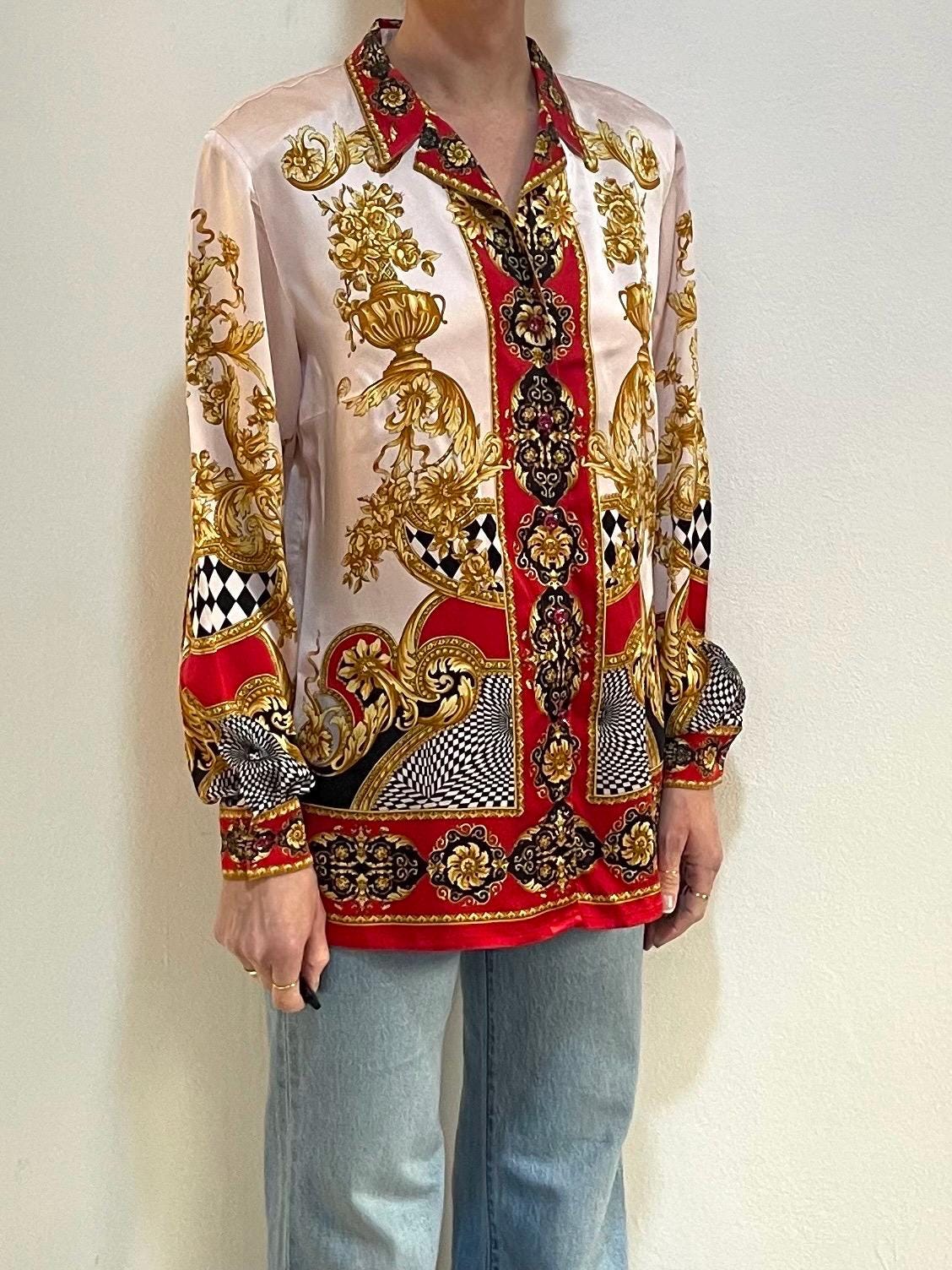80s Escada Silk Satin Baroque Op Art Psychedelic Button up Blouse
