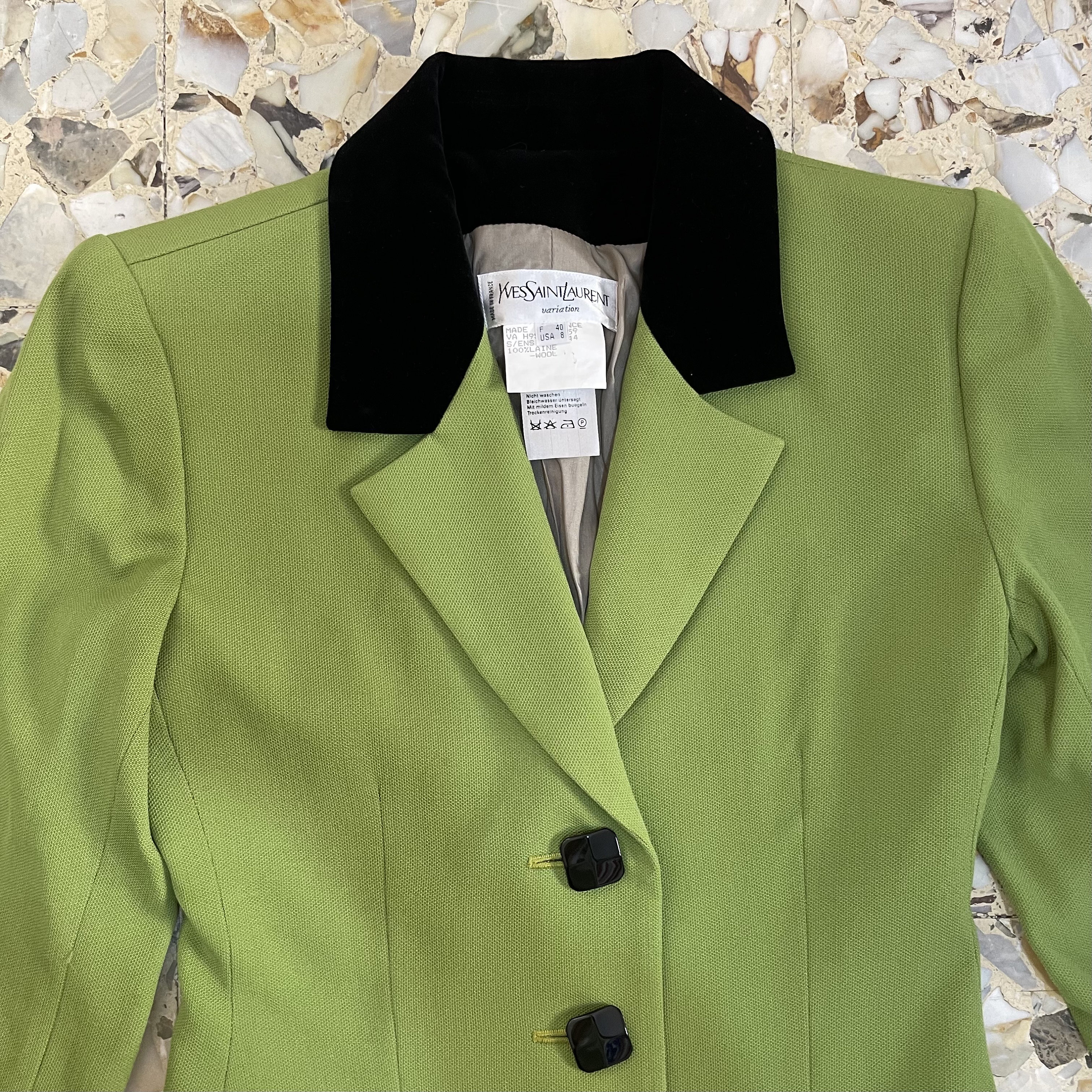 80s Yves Saint Laurent Pea Green Wool Jacket With Black