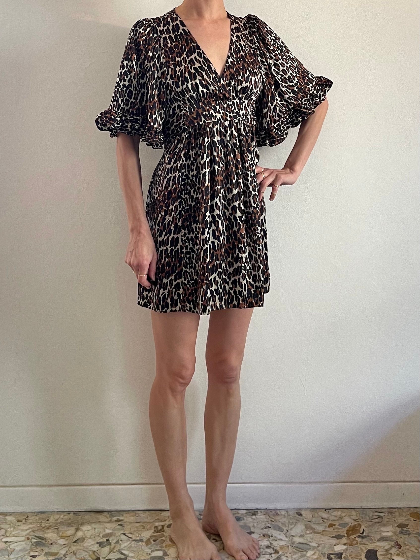 90s Betsey Johnson Silk Leopard Print Bell Sleeve Baby Doll Dress