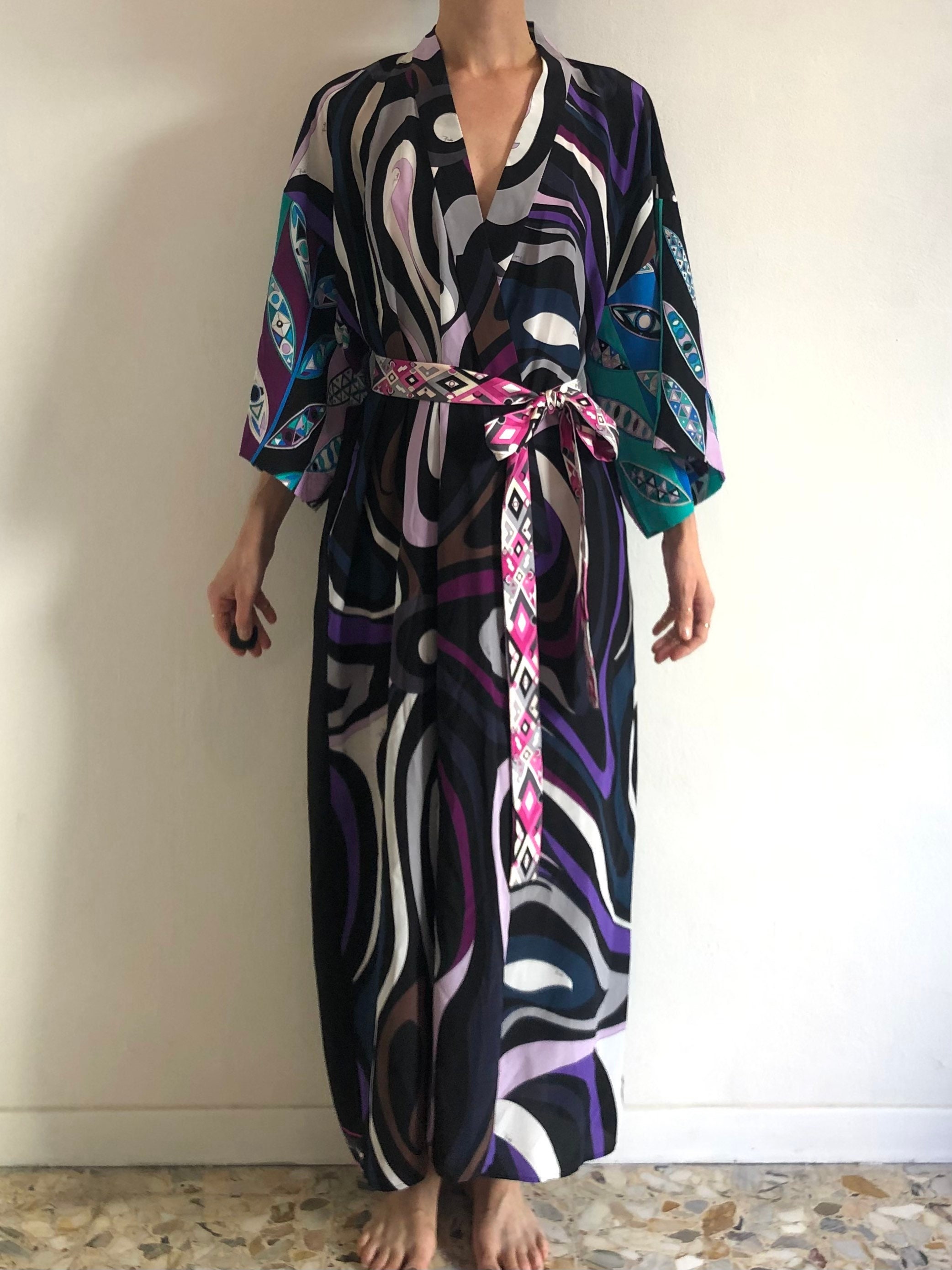 Y2K Pucci Silk Kimono Psychedelic Patchwork Print Boho Luxury Robe 