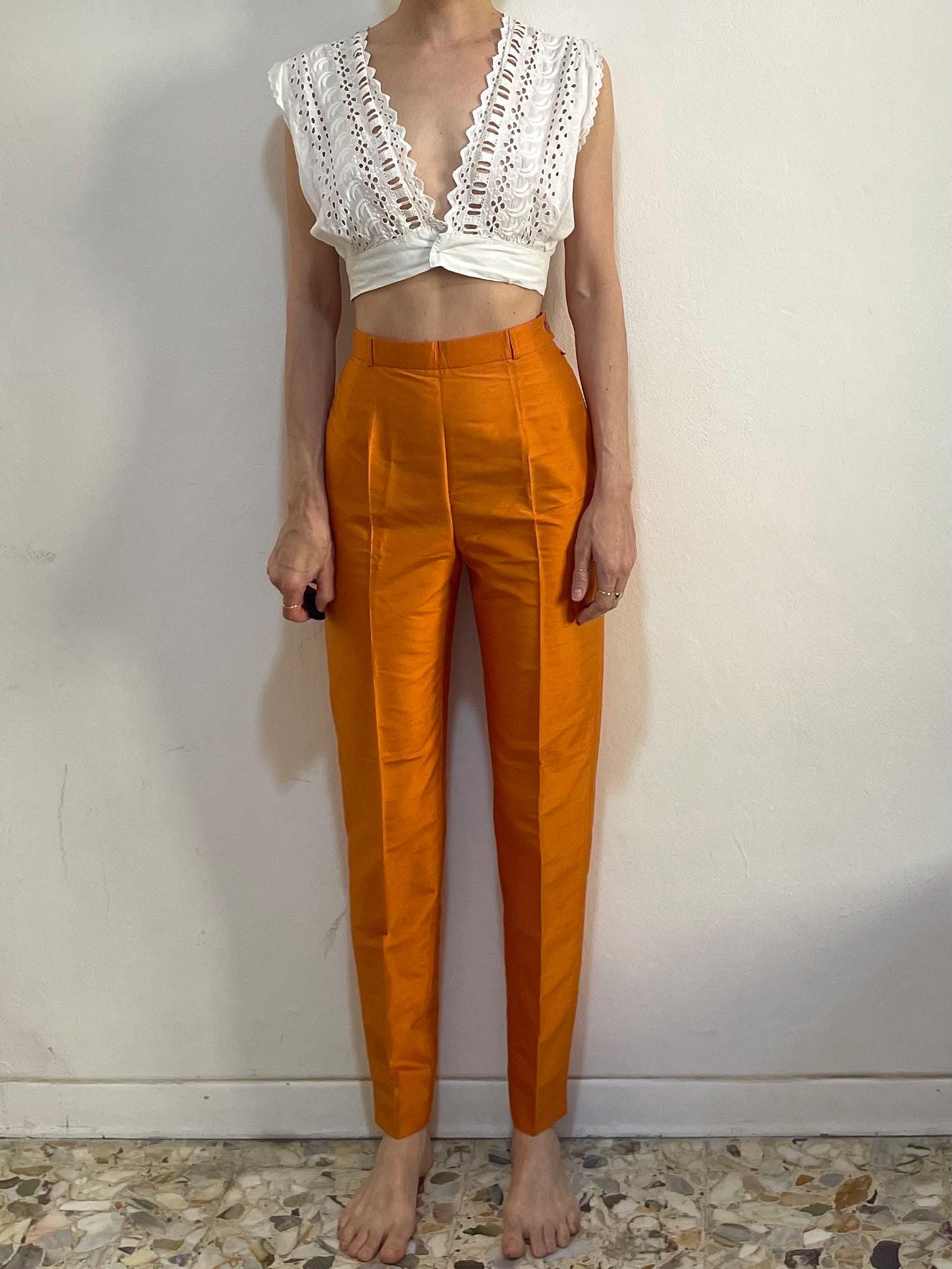 80s Kenzo Orange Silk Shantung High Waisted Cigarette Pants Trousers Slim  Leg