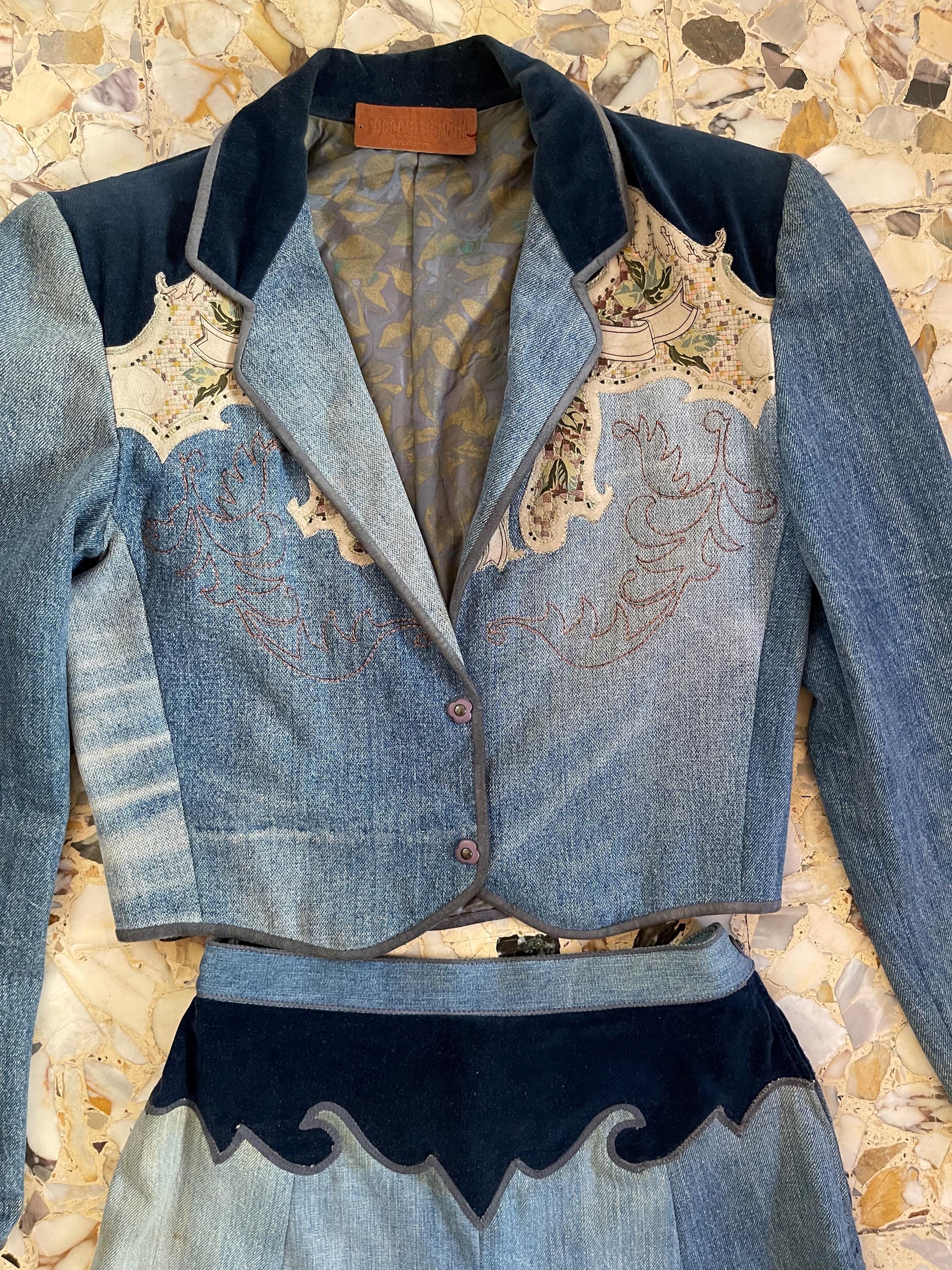 70s Roberto Cavalli Hand Painted Leather and Denim Set Jacket and