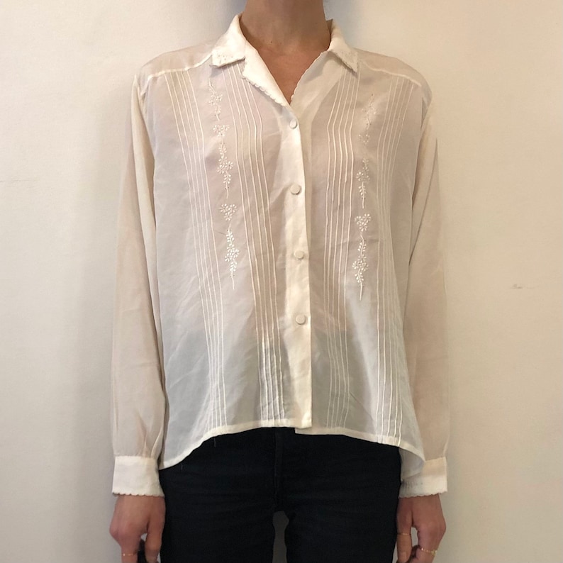 60s Silk Hand Embroidered Pin Tucks Button Up Elegant Boho Blouse