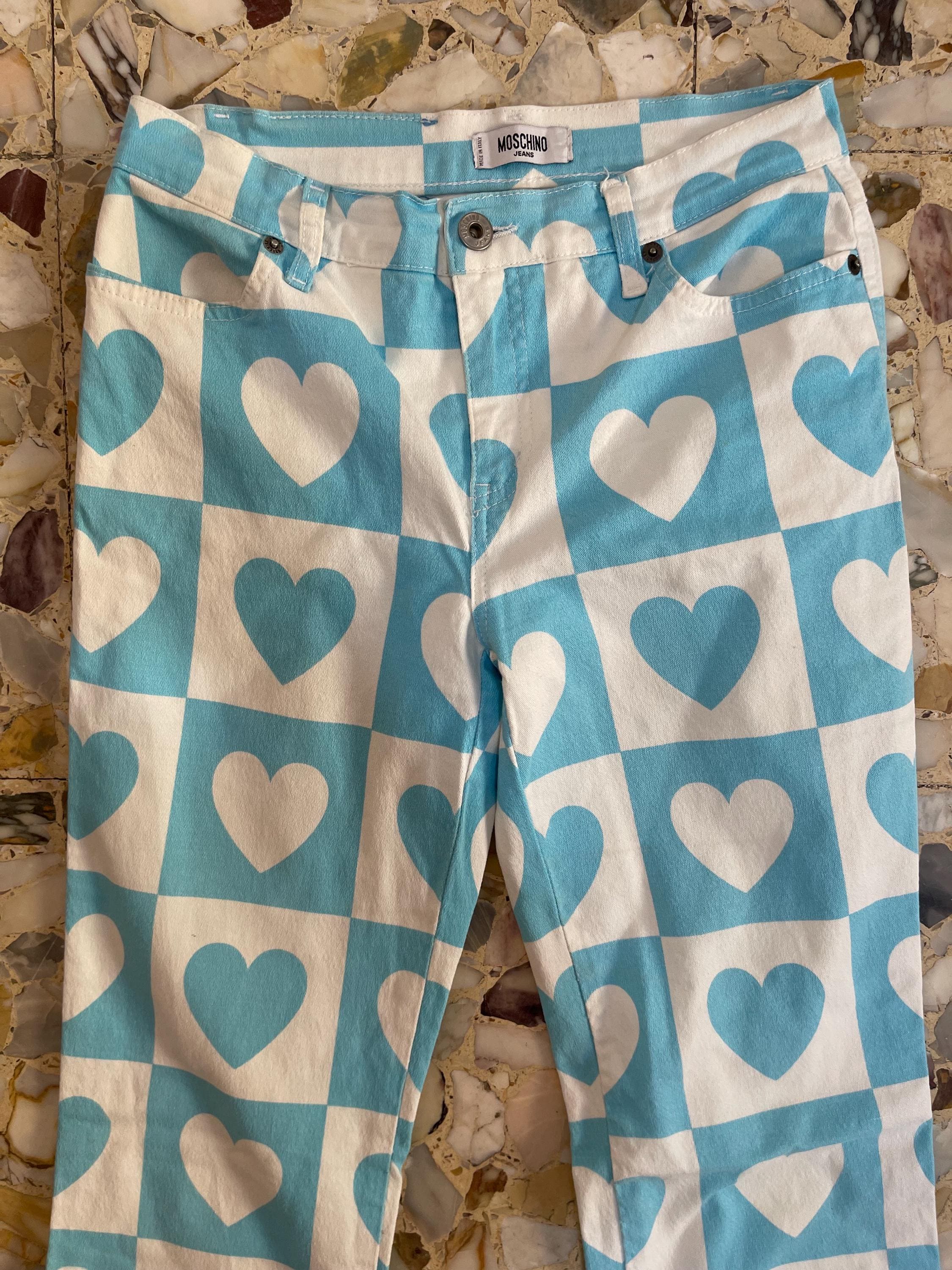 Y2K Moschino Hearts Low Waist Flare Leg Pop Cute Jeans Pants