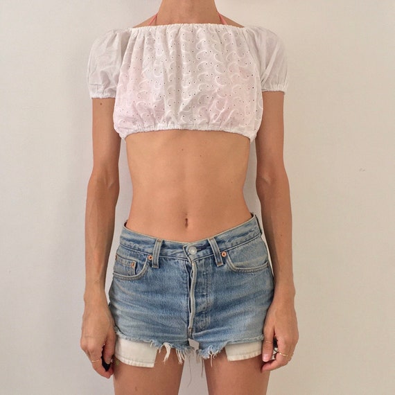 80s Cacharel Prairie Peasant Crop Top White Cotton