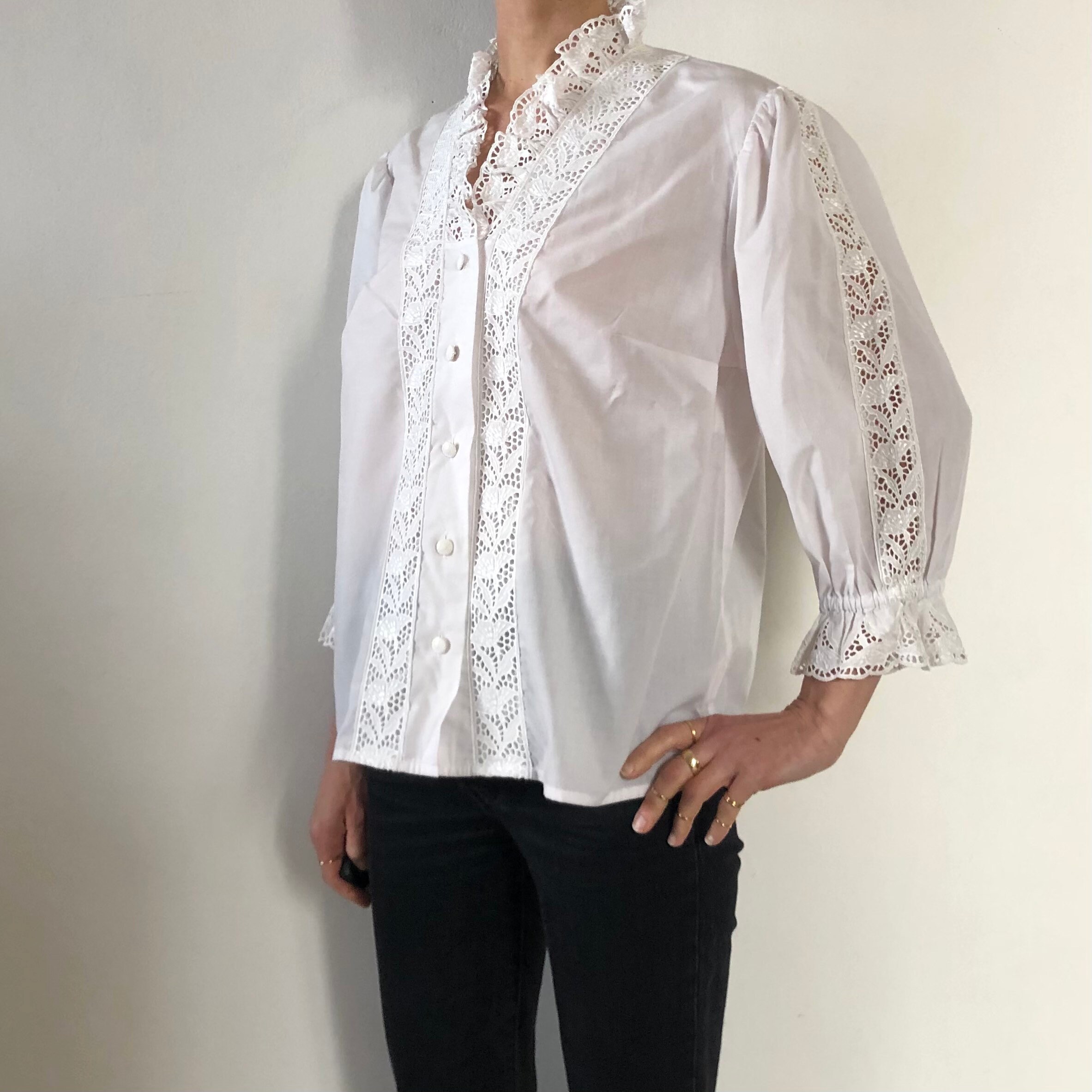 1980s Black White & Brown Button Up Blouse