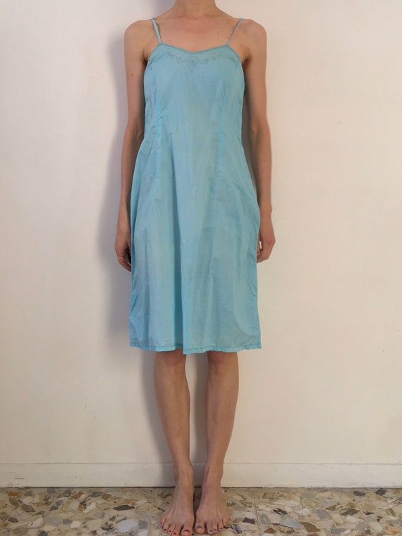 30's Hand Embroidered Turquoise Cotton Slip Dress