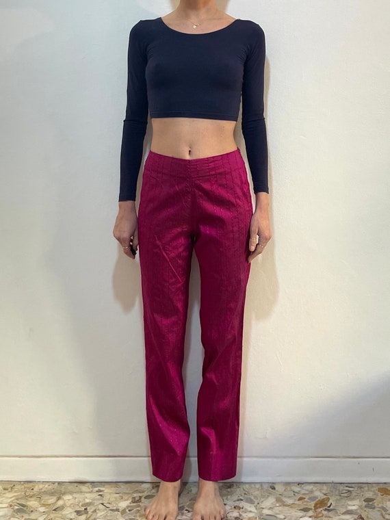 Romeo Gigli, 90s Romeo Gigli Minimalist Iridescent Fucsia Silk Cigarette Trousers Pants