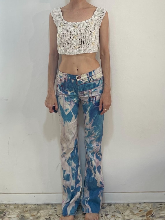 Y2K Cavalli Patchwork Denim Jeans Stretch Flare Leg Trompe L'oeil
