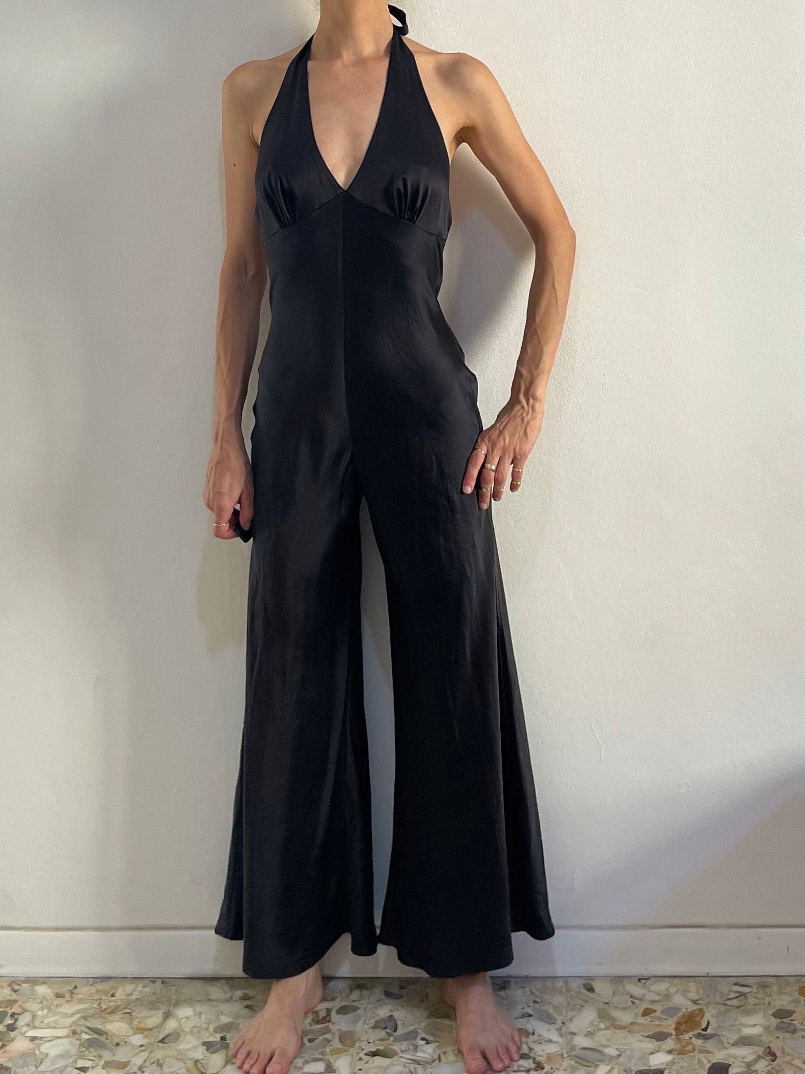 90s Victoria's Secret Black Silk Backless Jumpsuit Halter Top