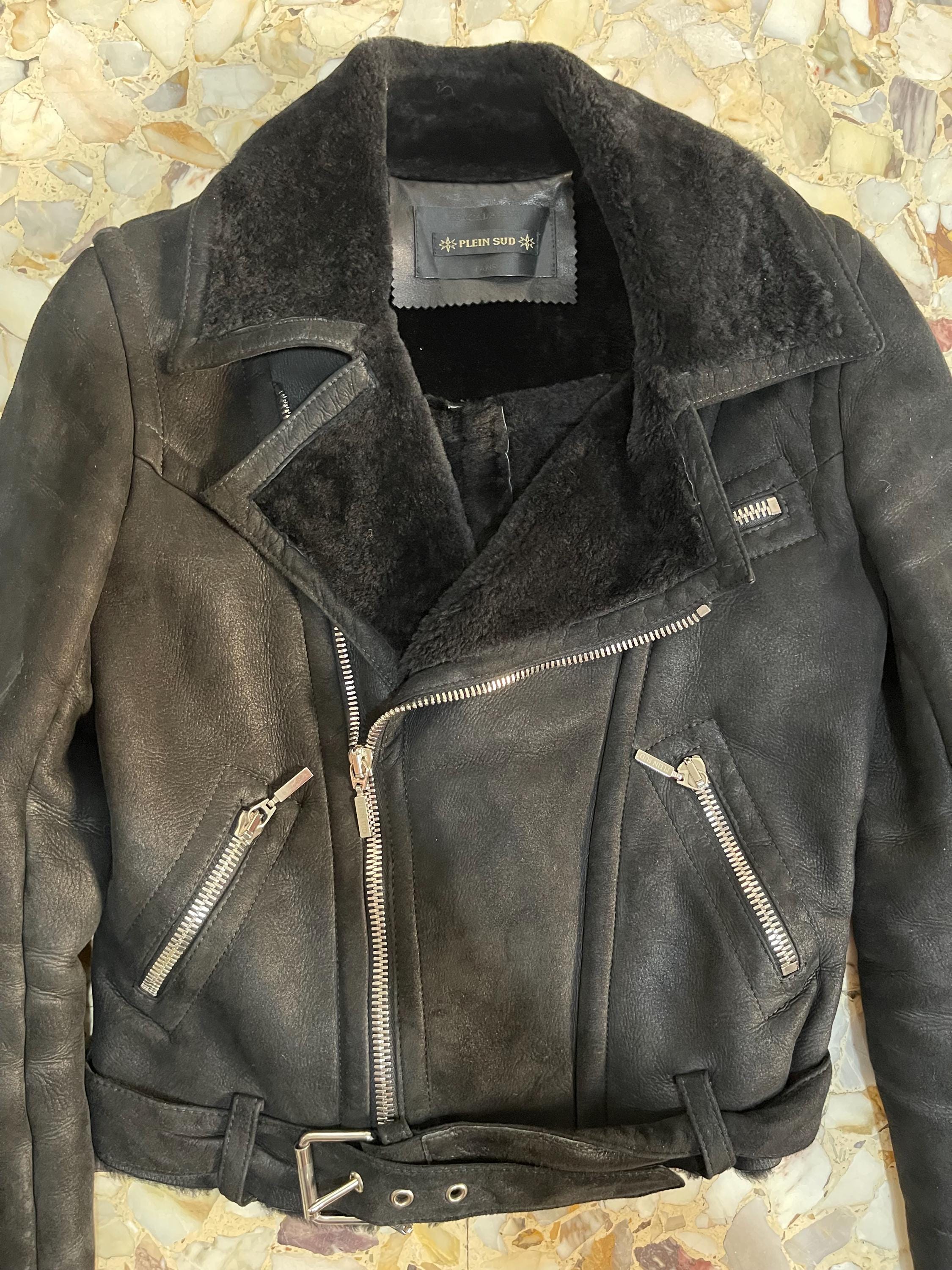 Plein Sud ジャケット Y2K Plein Sud Black Leather Jacket Shearling Cropped Classic Biker