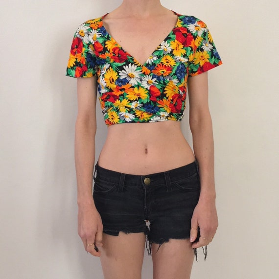 80s Kenzo Floral Wrap Top Cotton Jersey Cropped St
