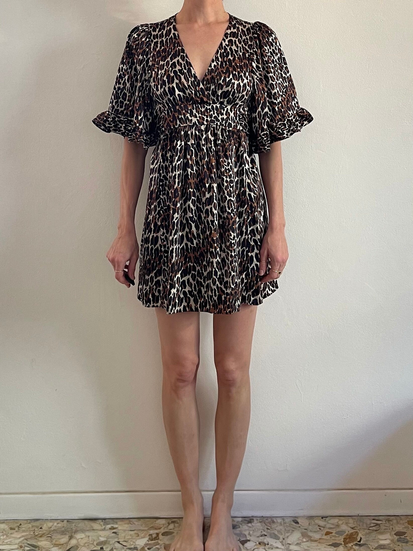 betsey johnson leopard dress 90s 90s Betsey Johnson Silk Leopard Print Bell Sleeve Baby Doll Dress