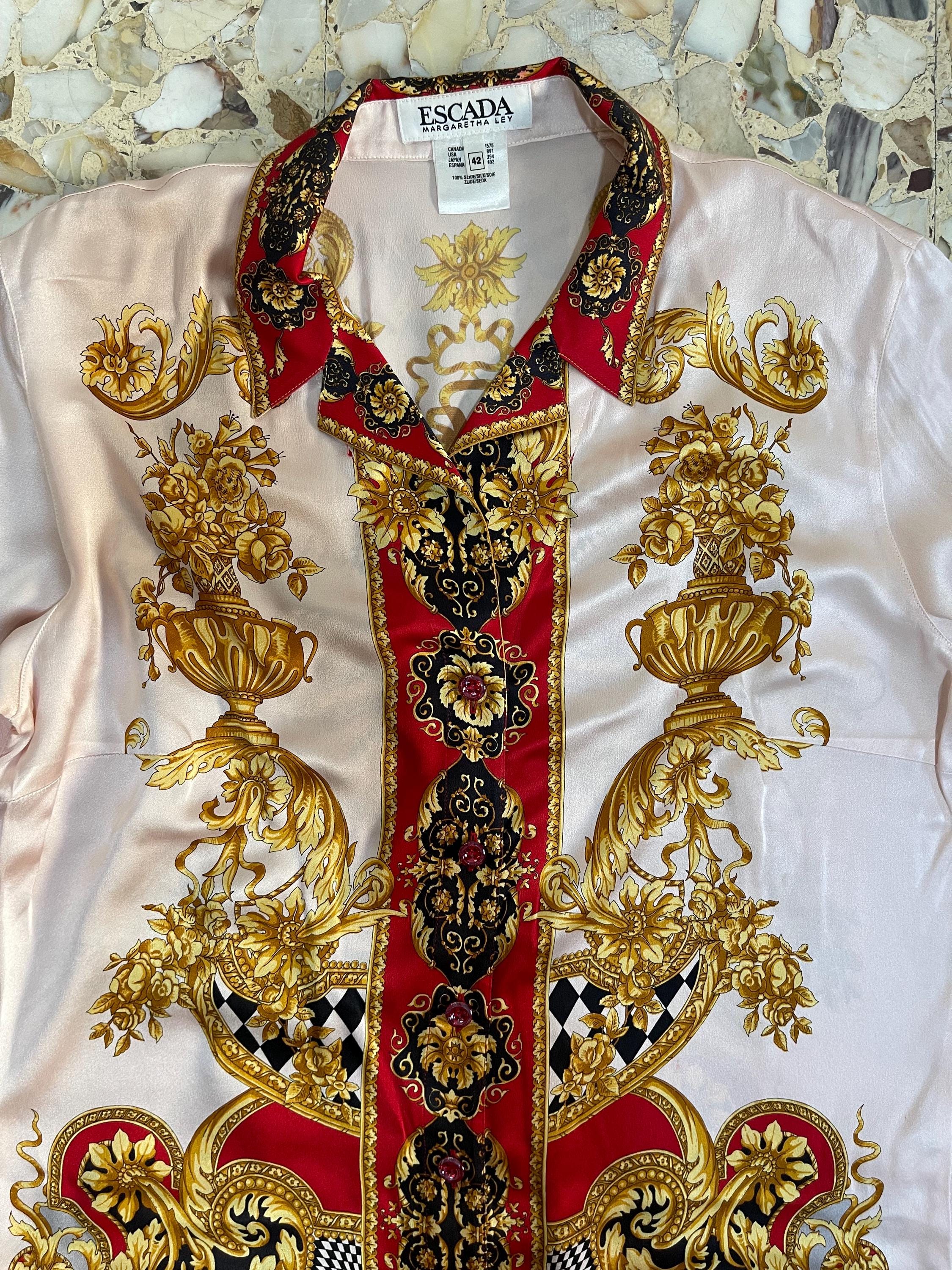 80s Escada Silk Satin Baroque Op Art Psychedelic Button up Blouse 