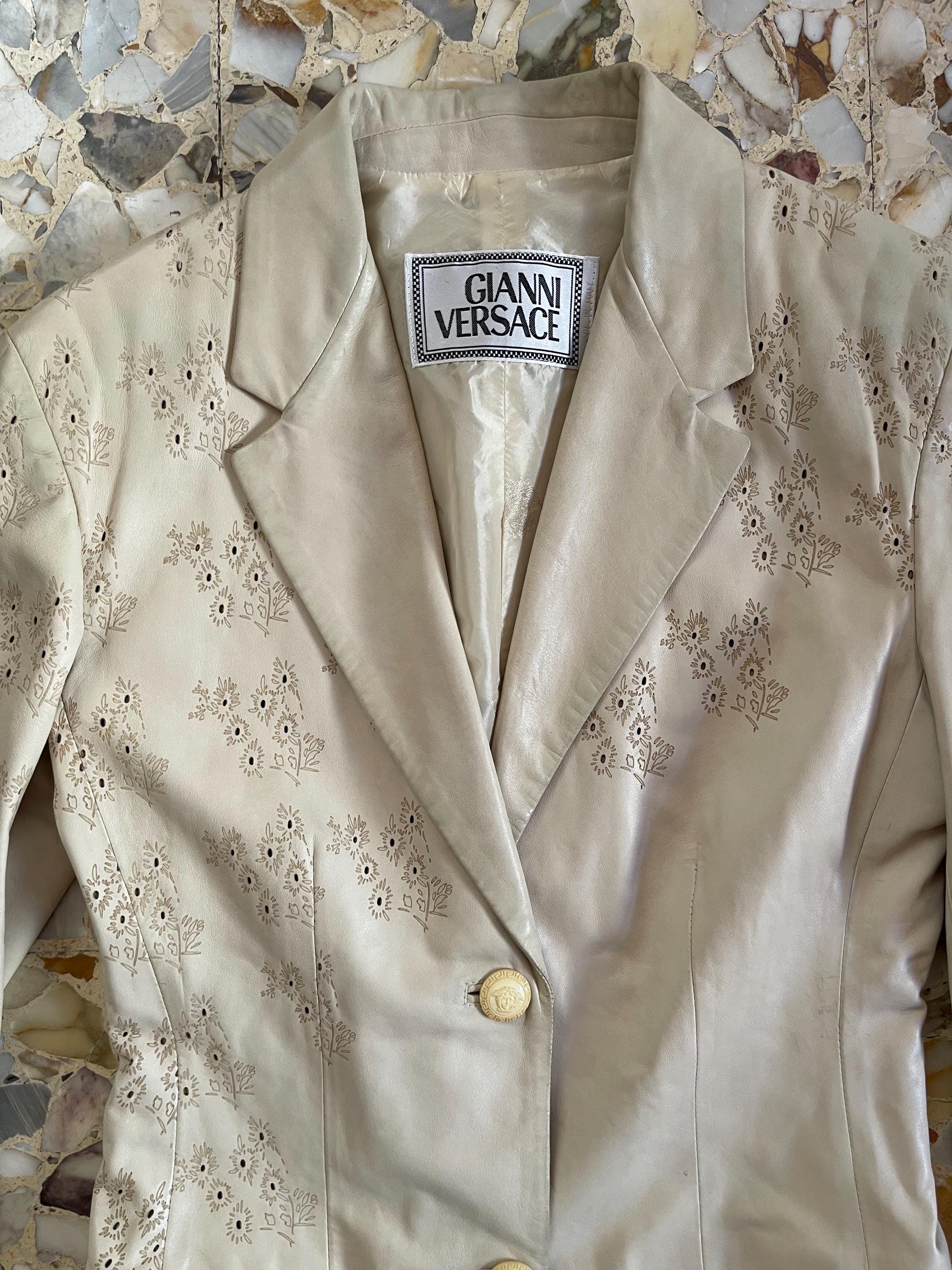 90s Gianni Versace Beige Leather Blazer With Laser Cut Floral