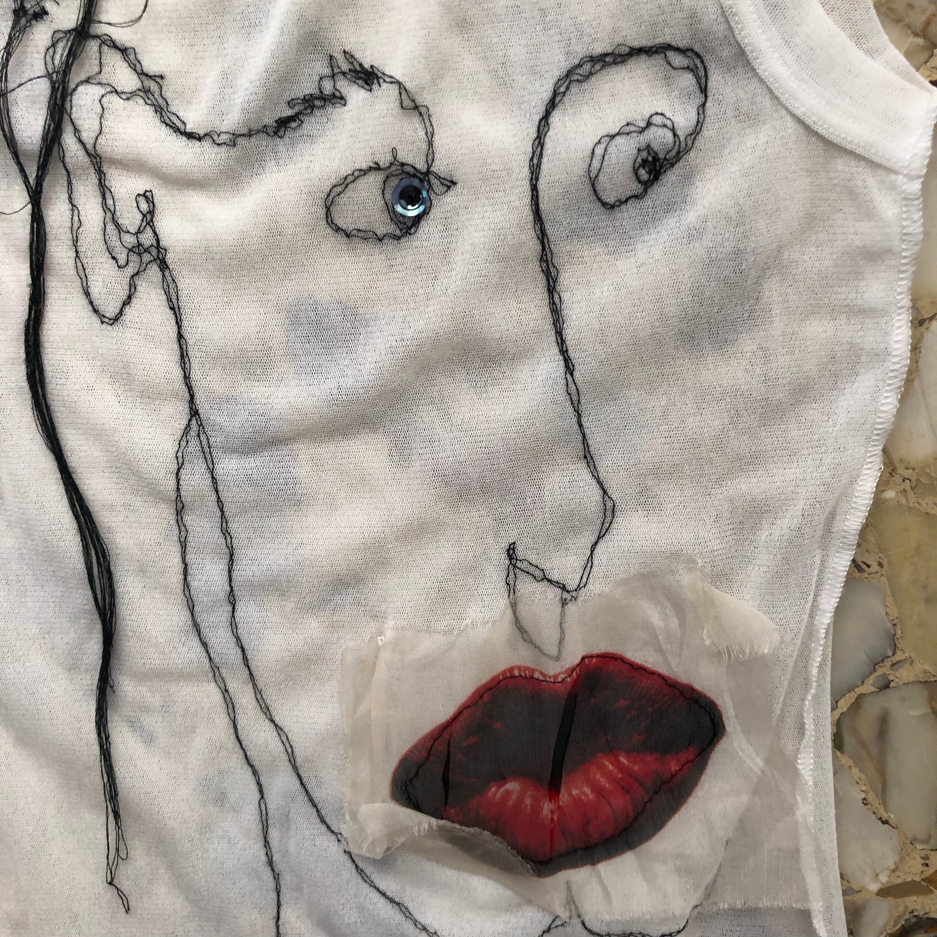 90s Jean Paul Gaultier Embroidered Silk Applique Face Sheer