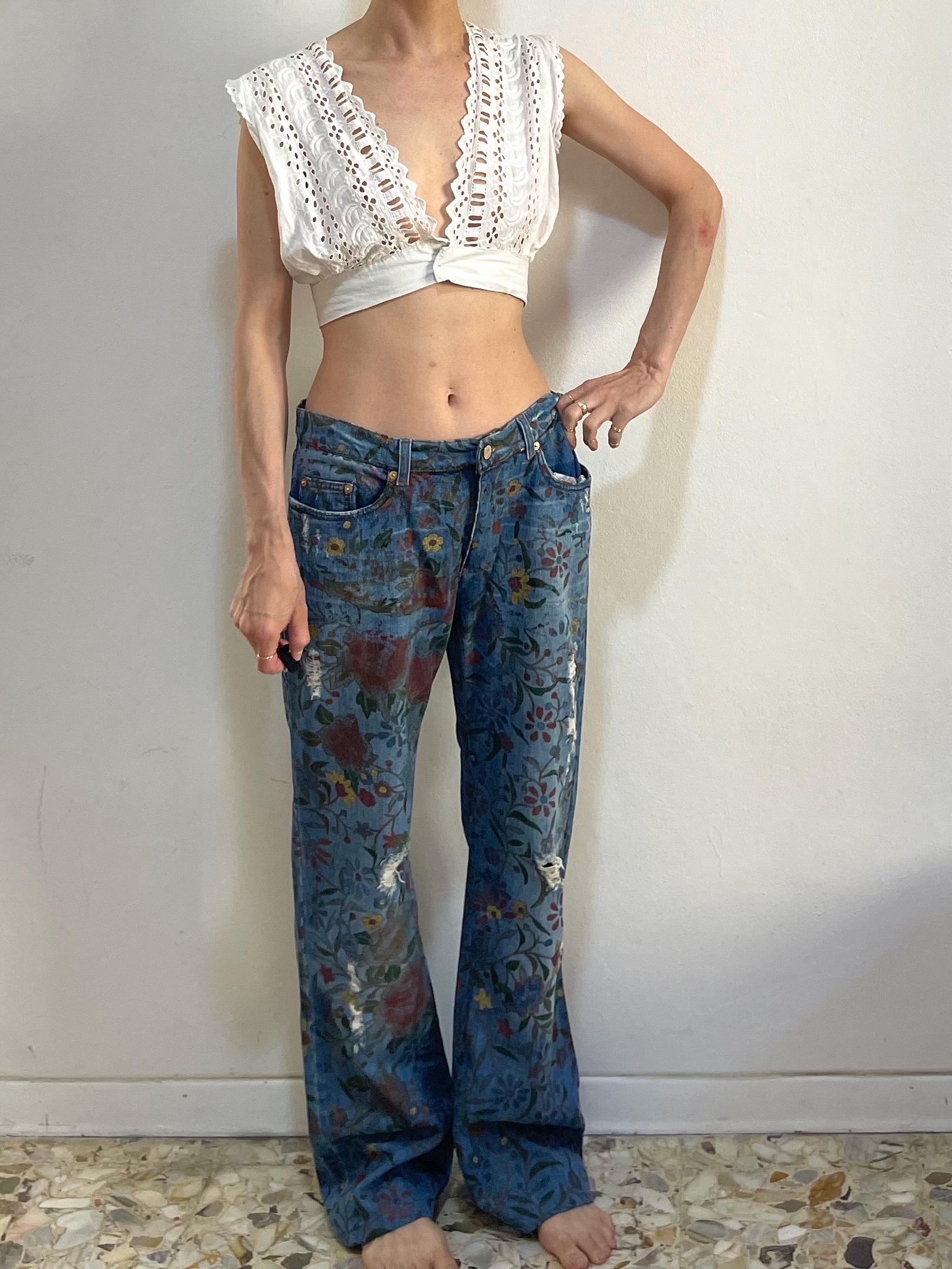 90s Roberto Cavalli Tapestry Print Jeans With Gold Sparkle Size