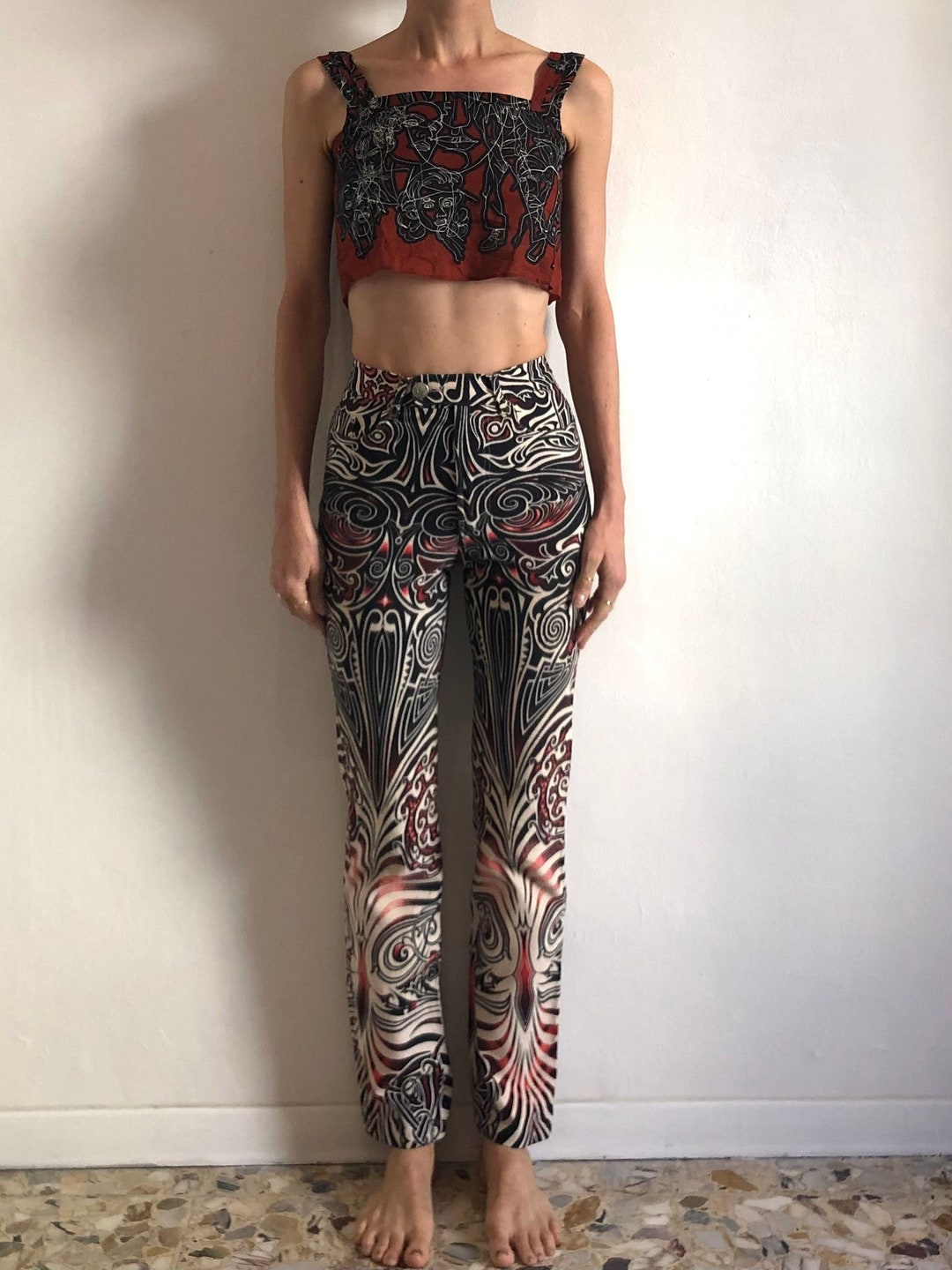 90s Jean Paul Gaultier Cyber Baba Tribal Tattoo Stretch Jeans Size