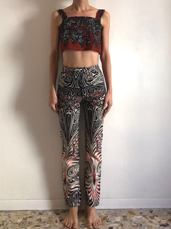 90s Jean Paul Gaultier Cyber Baba Tribal Tattoo Stretch Jeans Size 